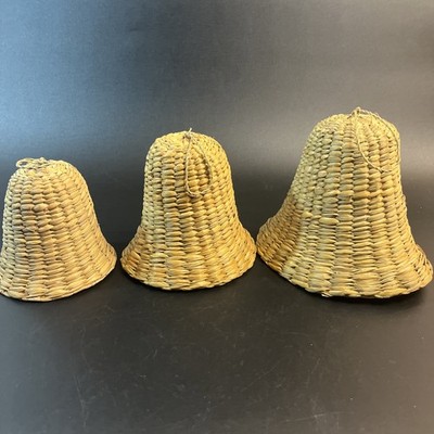 3 Pc Vtg Holiday Wicker Bells Lot Rattan Rustic Christmas Boho Nesting Set 5-7''