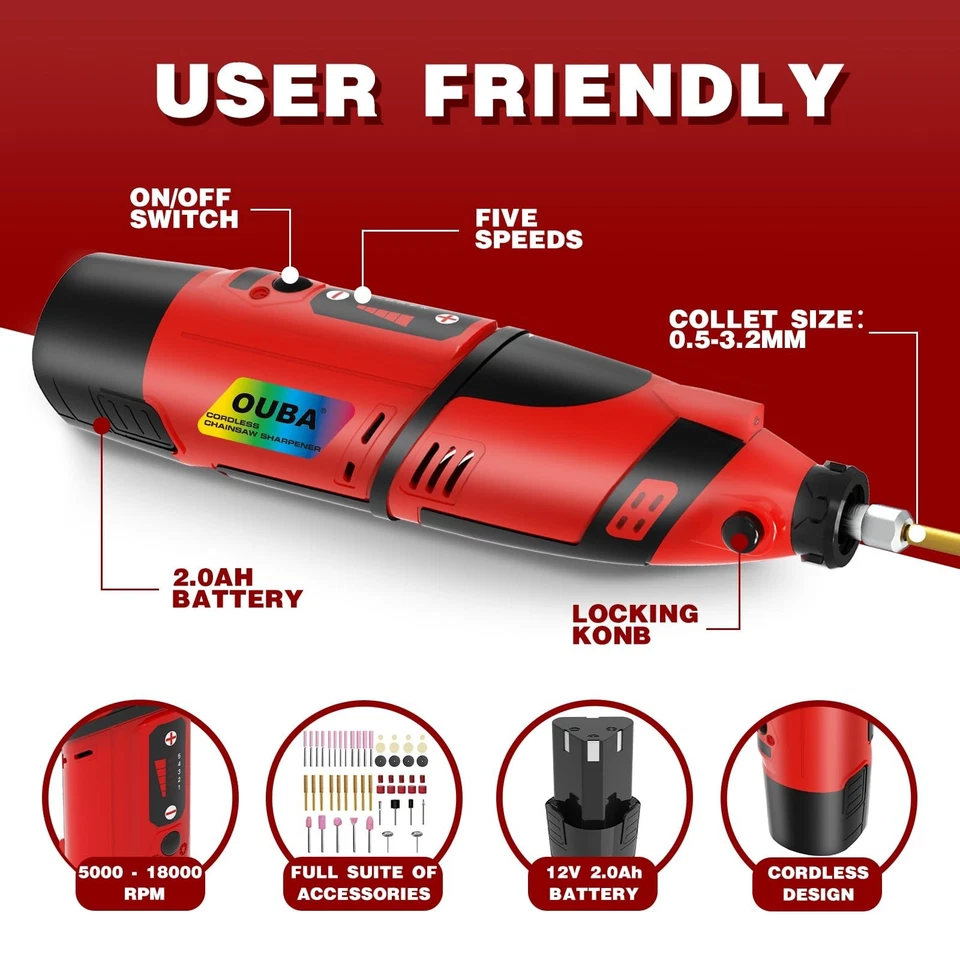 Kit de herramientas rotativas inalámbricas 54 piezas OUBA, herramienta giratoria de 12 V con batería recargable de 2,0 Ah Foto 2 de 4