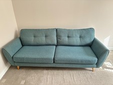 Mid-Century Modern Blue Woven Fabric 3-Seater Sofa, Brown Wooden Legs, 250cm