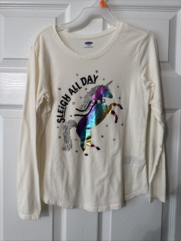 Old Navy Sleigh All Day LS Girls T-shirt Christmas Unicorn- Size 10-12- VGUC