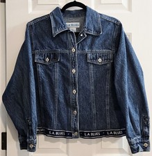 VTG 90s LA Blues Denim Jacket Elastic Logo Band Hem Trucker Women's Size Medium