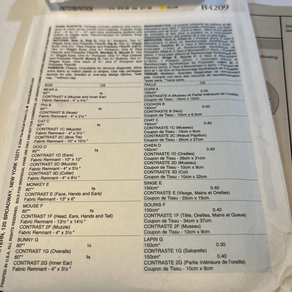 Butterick Sewing Pattern 4209 Animal Hand Puppets Bear Pig Cat Dog Monkey UNCUT - Image 3 of 4