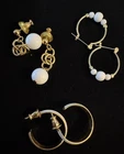 Vintage Gold Tone White Milk Glass Bead Earrings Lot Hoops Dangle Pierced
