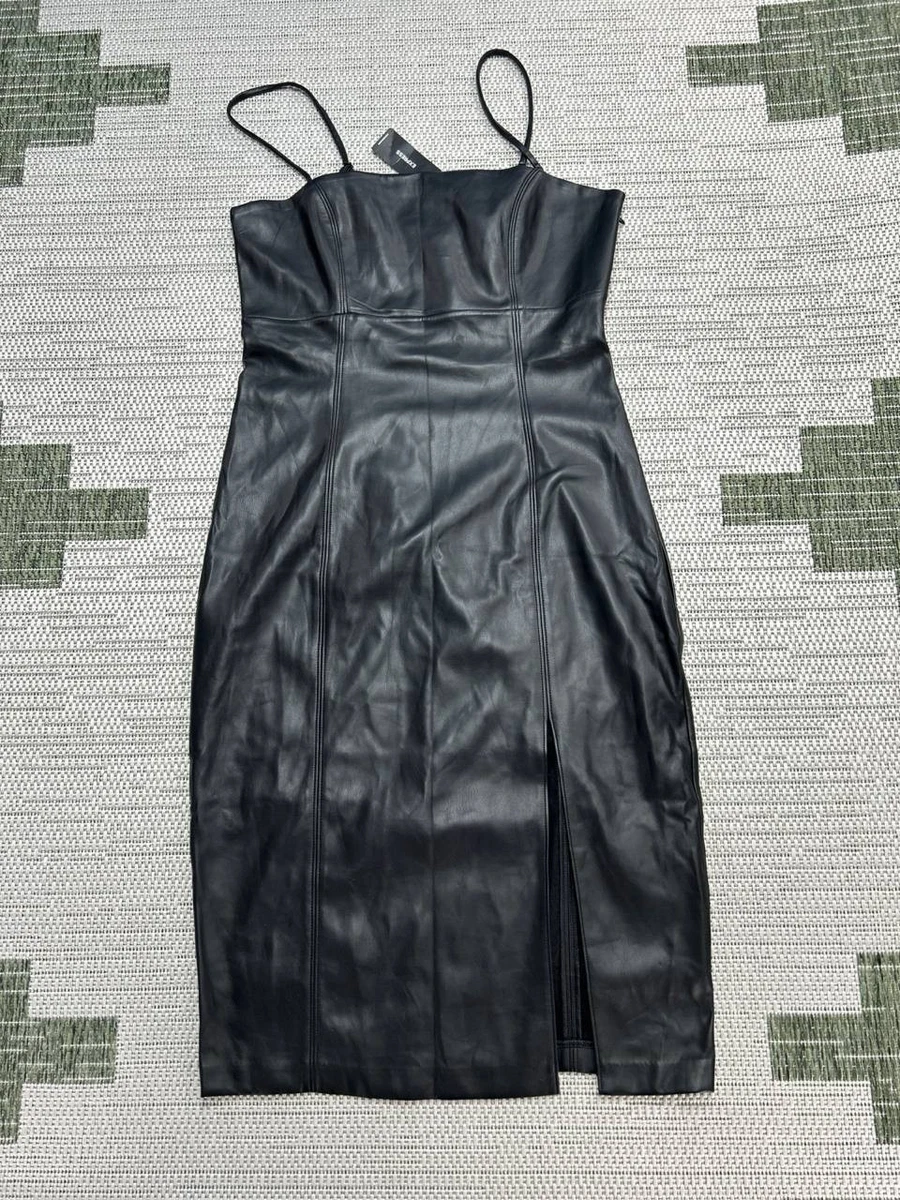 slim fit dress slacks Cognac Shirred Faux Leather Strapless Midi Dress main image 0