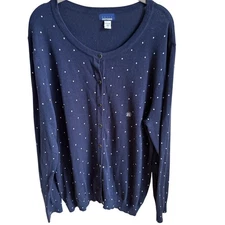 Navy Polka Dot Button Cardigan Classic Preppy Knit Soft Cotton Blend XL