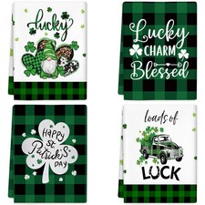 St. Patricks Day Kitchen Towels Set of 4 - Green Buffalo Plaid Shamrock Dish Clo
