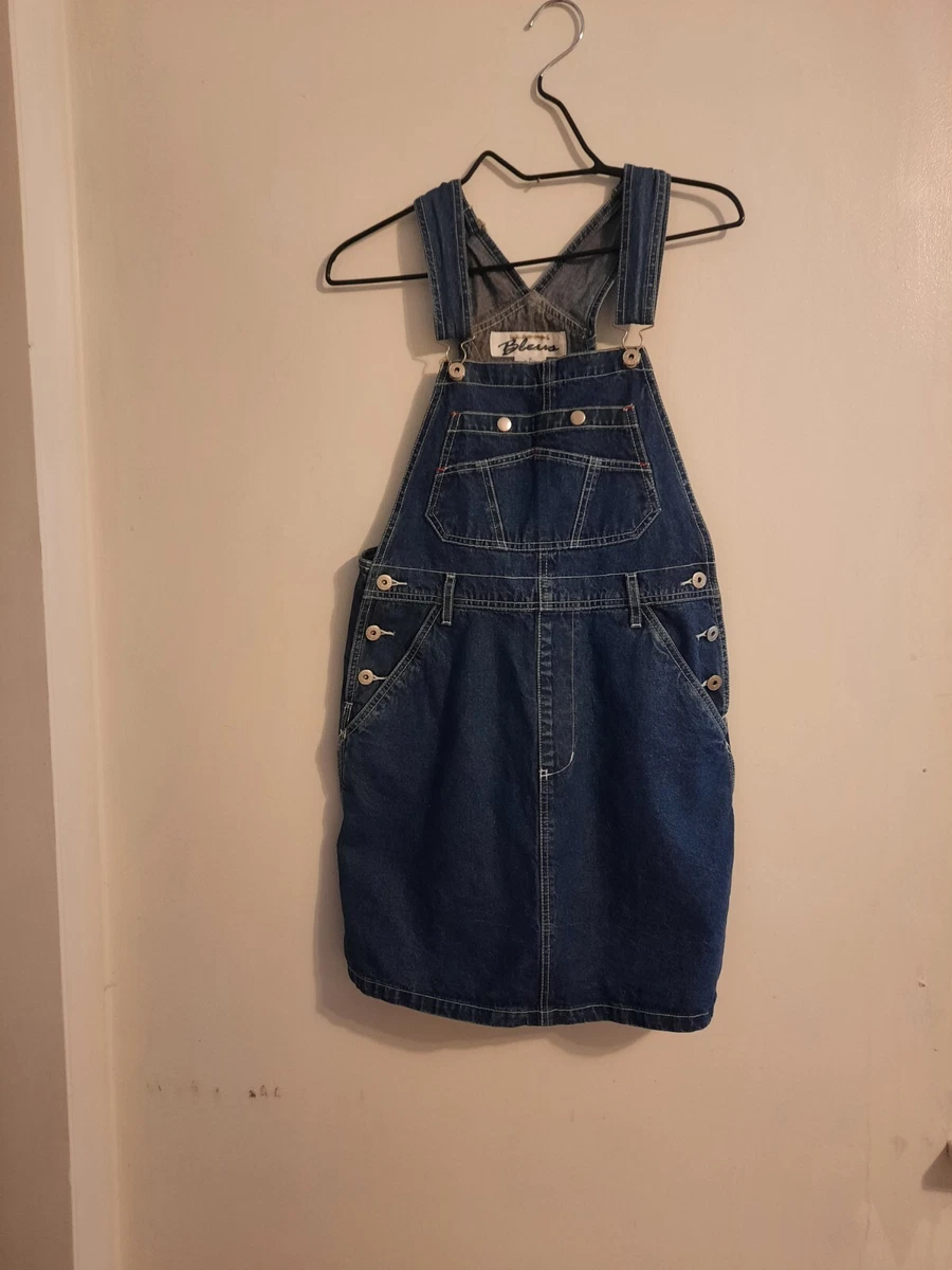 VTG 90s Express Dress Blue Carpenter Bibs Overalls Denim Mini