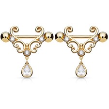 Pair of CZ Tear Drop Dangle Heart 14K Gold Plated Nipple Rings Barbell 14g 9/16"