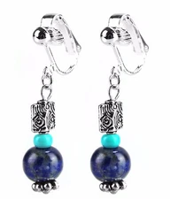 Clip On Fashion Dangle Drop Earrings Blue Lapis Beaded & Turquoise Silver 