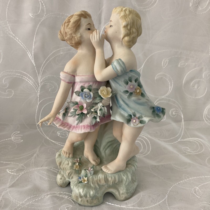 Andrea Japan Figurine Boy & Girl Flowers Antique Look Porcelain 9" x 6”