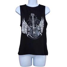 Emery Rose Womens Tank Top Size M Black Guitar Wings Print Slim Fit Stretch
