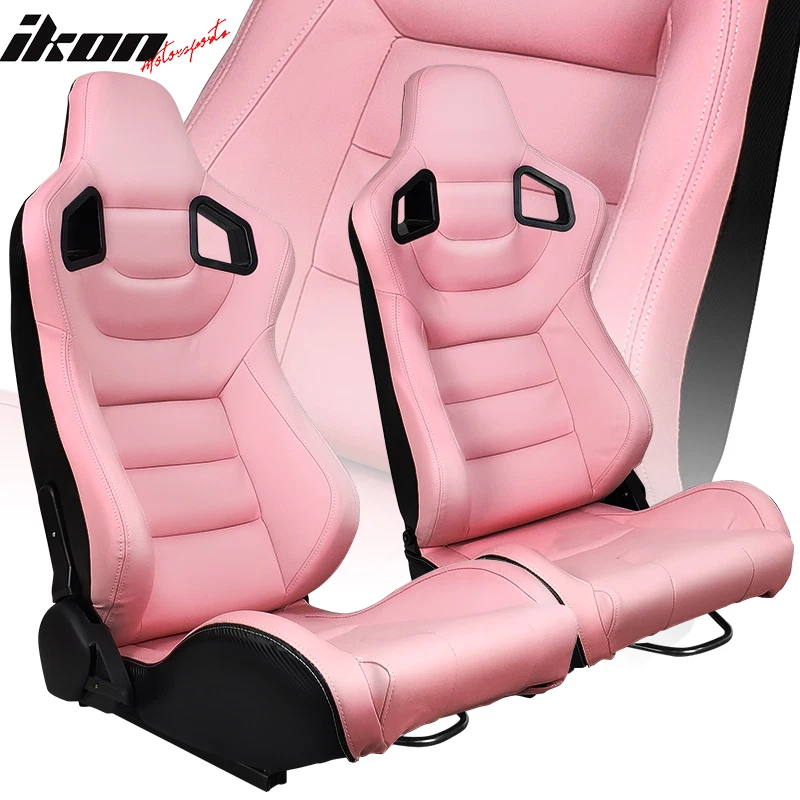 Universal Pair Reclinable Racing Seats + Dual Sliders Pink PU Carbon Leather