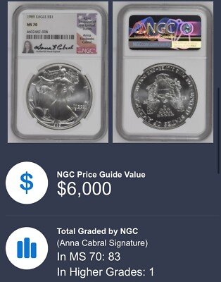1989 $1 AMERICAN SILVER EAGLE NGC MS70 ANNA CABRAL SIGNED FLAG