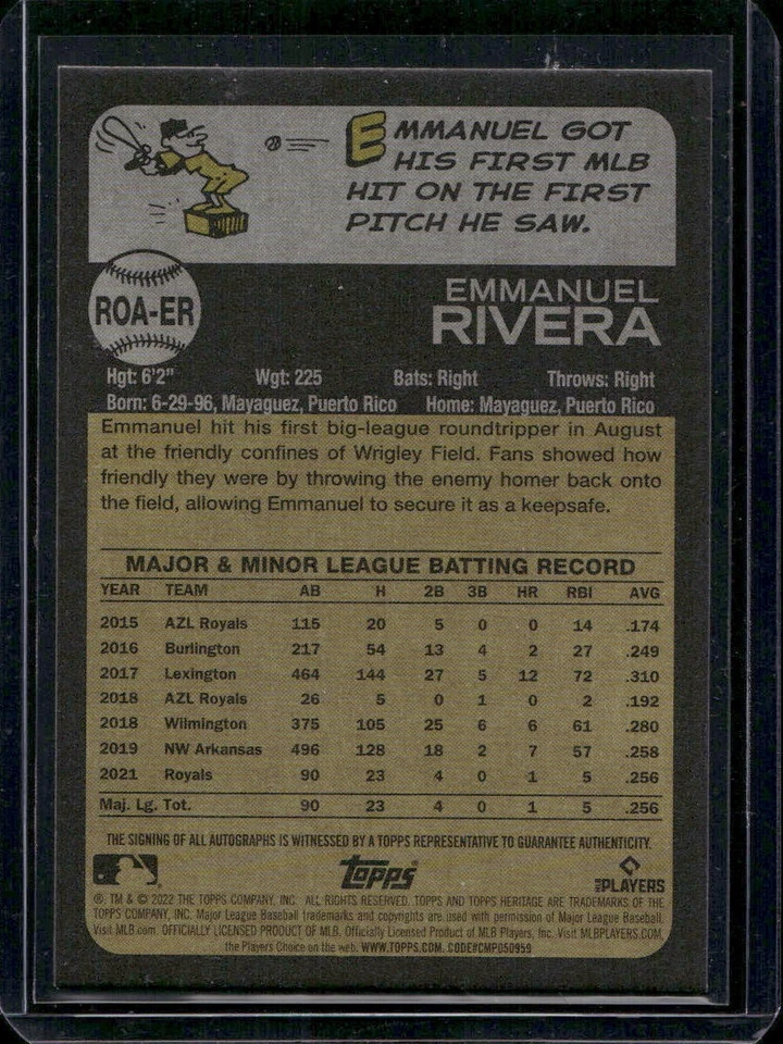 2022 Topps Heritage Emmanuel Rivera Real One Red Ink Auto /73 RC #ROA-ER Royals - Image 2 of 2
