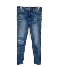 American Eagle Womens sz M Jeans Blue Denim Dark Wash Faded Distressed Jegging