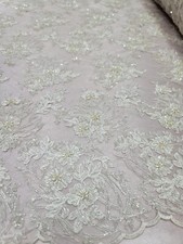 Off-White Beaded Floral Embroidery Bridal Lace Fabric - Sold by the Yard for Wed