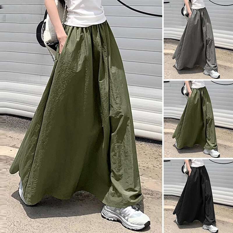 Women Elastic Waist Pockets Summer Casual Loose Skater A-Line Long Skirt Plus Foto 2 de 4