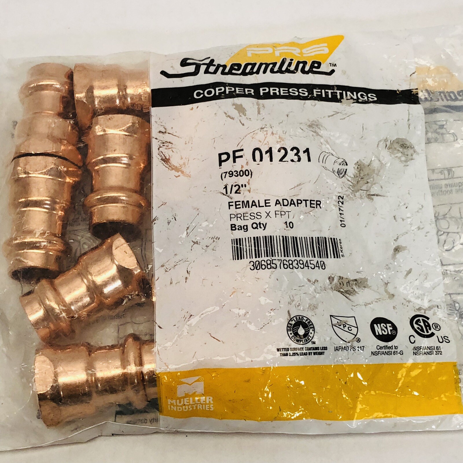 LOT OF 10 STREAMLINE # PF 01231 COPPER PRESS FITTING ½" FEMALE ADAPTER