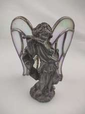 Standing Angel with Ribbon Hand Cast metal Sculpture with stain glass wings
