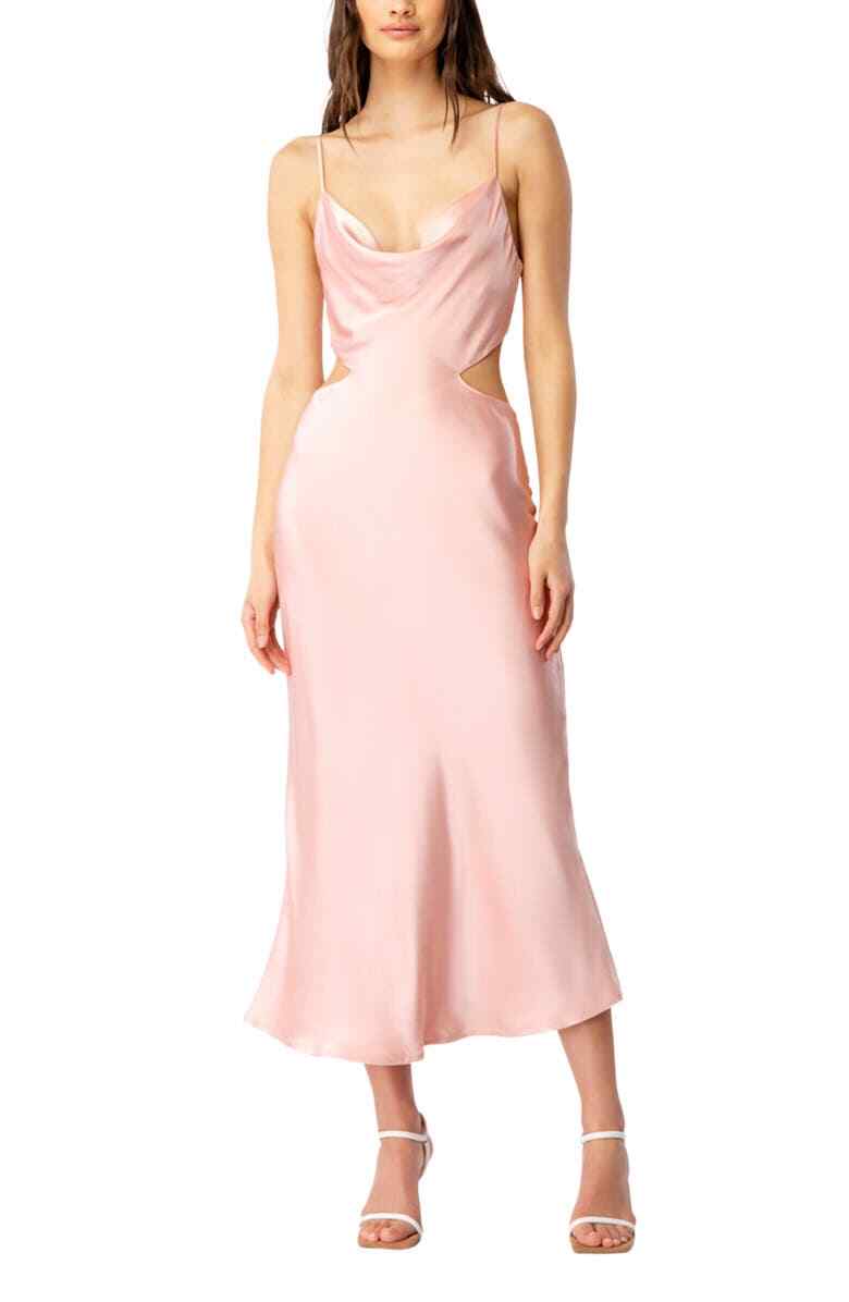 パーティードレス Silk Satin Rose Print Midi Dress Bardot PINK ROSE Women's Cut Out Cowl Neck Charmeuse Midi