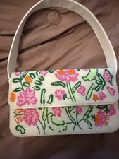 Women s White Shoulder Bag Floral Beaded Front Flap, Magnetic Closure, Lined