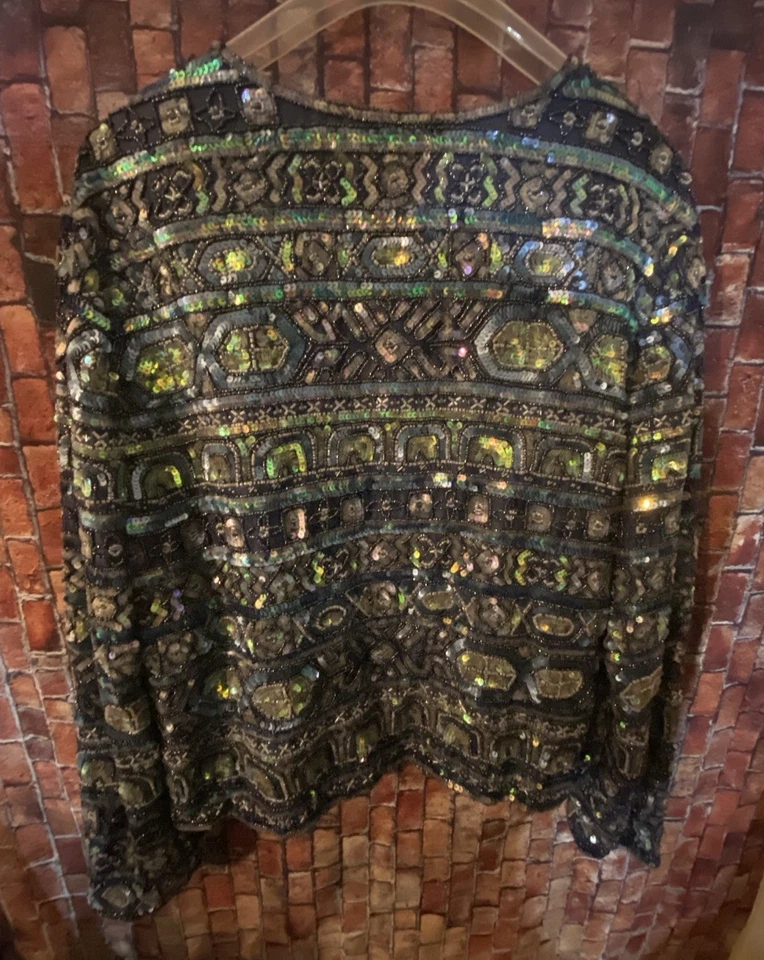 VTG Adrianna Papell Blue Green Sequin Beaded Silk Formal Evening Jacket Size PM - Image 2 of 4