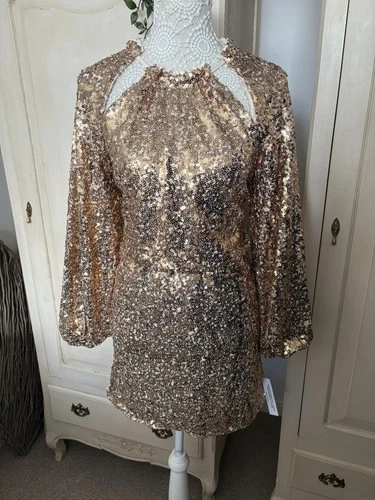 Monsoon Size 16 Leslie sequin short dress gold Long Sleeve festival