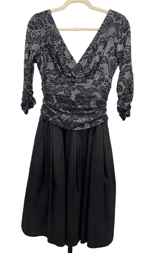 S.L. Fashions Lace Surplice Double V Party Dress in Black and Silver - 10, NWT
