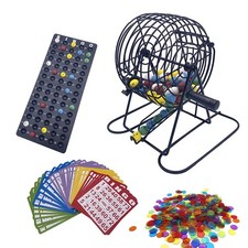 Deluxe Bingo Game Set-6 Inch Metal Cage, Master Board,75 Colored Balls, 50 Bingo