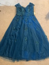 Blue Tulle Long Gown Sleeveless V-Neck Floral Sequin Beaded Lace Up