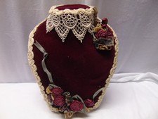 Victorian-style maroon velvet pin cushion / brooch display bust 7" x 9.5"