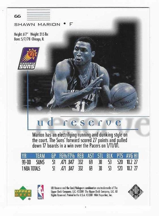 2000-01 UD Reserve Shawn Marion Phoenix Suns Basketball Card #66 - Image 2 of 2