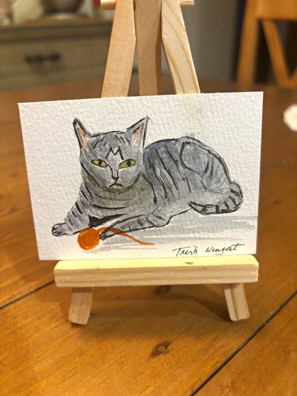 “The Yarn Keeper” Signed OOAK ACEO Original Watercolor Cat Tiny Tales Series #2
