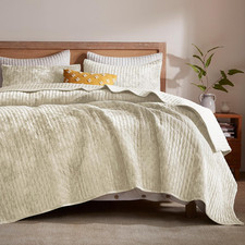 Luxurious Beige Velvet Quilt Set for California King, Includes 2 Shams