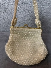 VTG Corde-Bead Handbag Womens White Iridescent Beaded Purse Made USA
