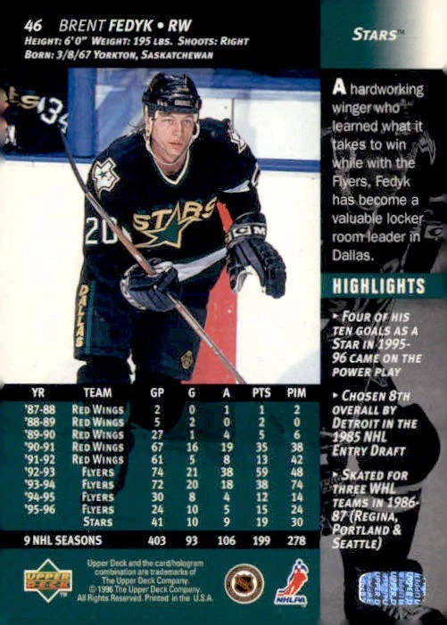 Brent Fedyk #46 1996-97 Upper Deck Dallas Stars - Image 2 of 2