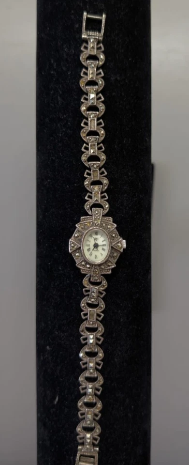 Art Deco Damenuhr aus 925er Silber mit Markasit-Besatz Quartz Vintage Japan - Bild 2 von 4