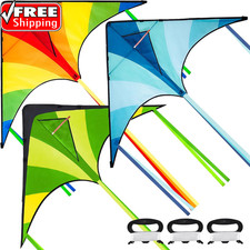 3 Packs Large Delta Kite Green, Blue and Rainbow, Easy to Fly for Kids with 262.