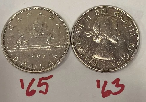 🇨🇦 1965 & 63 Canada Silver Dollars 80% Silver Voyageur Elizabeth II 1.2toz 🍁
