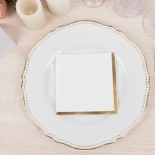 WHITE 50 Soft 2 Ply Disposable Dinner Cocktail Paper Napkins with Gold Foil Edge
