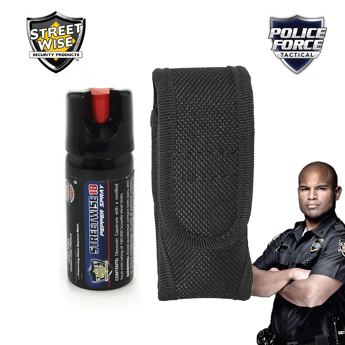 2 oz Streetwise 18 PEPPER SPRAY and Police Force Heavy Duty Tactical HOLSTER