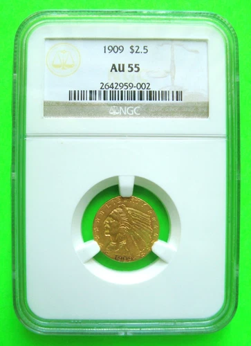 1909 INDIAN $2.50 GOLD 1/4 EAGLE - NGC AU55 Upgrade? SUPERB + FREE SHIPPING