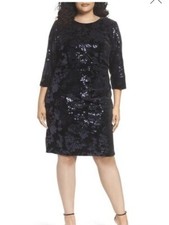 Eliza J Holiday Sheath Dress Black Velvet Blue Sequin Gathered Side Size 22 $169
