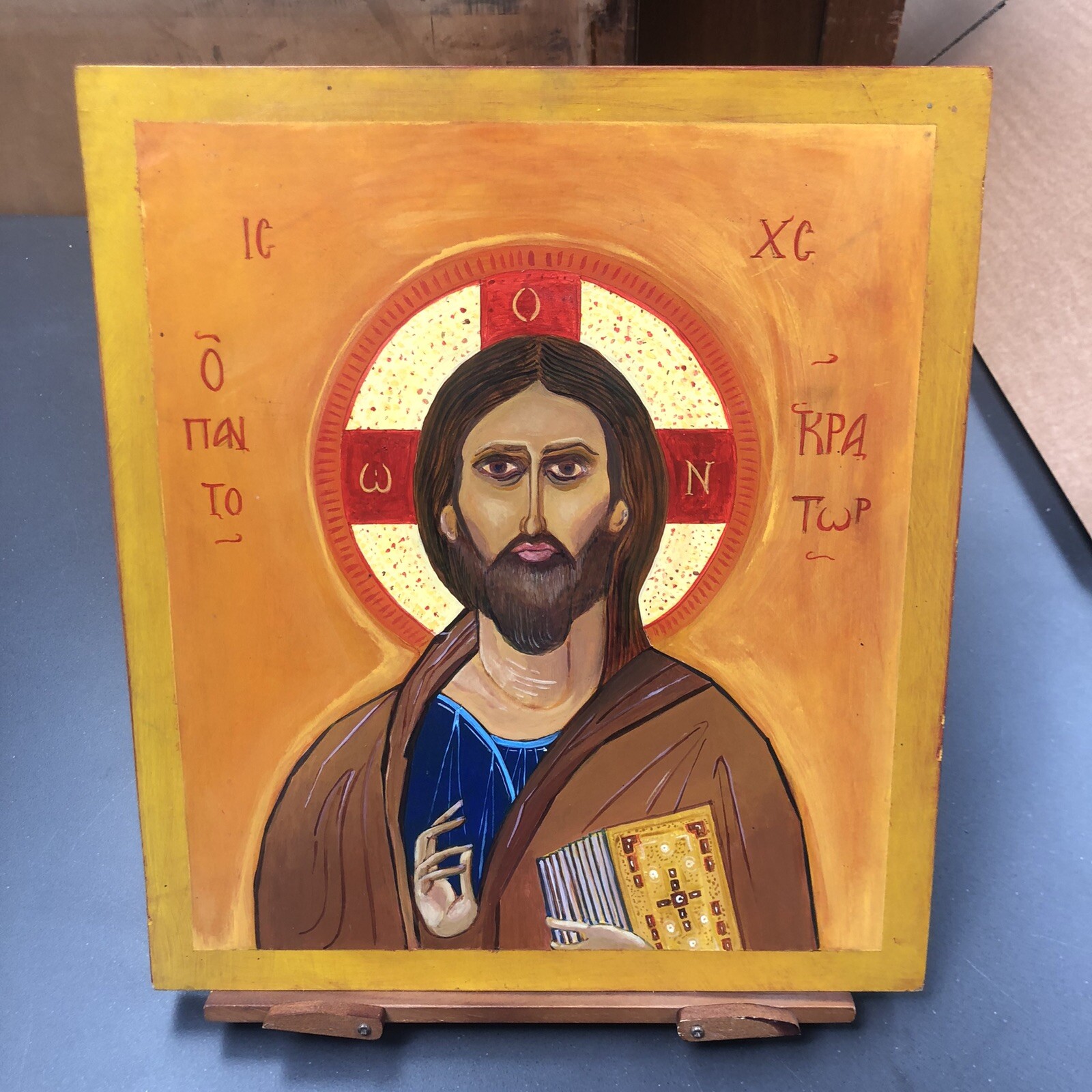 Dimitri Tsouris 2014 orthodoxe handbemalte Ikone Jesus Christus an Bord signiert