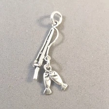 .925 Sterling Silver 3-D FISHING POLE W/ 2 FISH CHARM NEW Rod Pendant 925 NT12