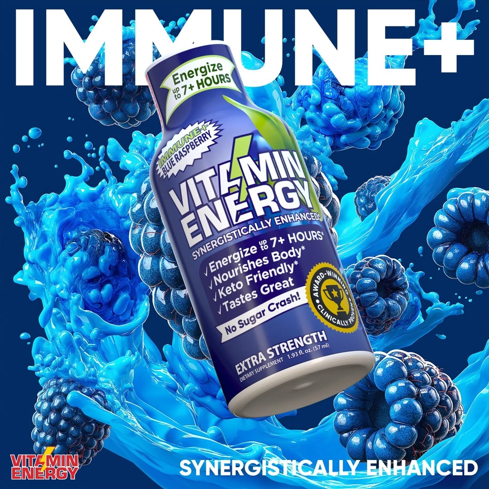 (Paquete de 12) Vitamin Energy® Immune+ Inyecciones energéticas de frambuesa azul, clínicamente probadas Foto 4 de 4