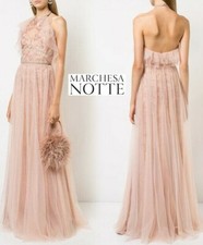 $1095 NEW Marchesa Notte Halter Metallic Gown Blush Pink Rose Gold Dress 8 12 14