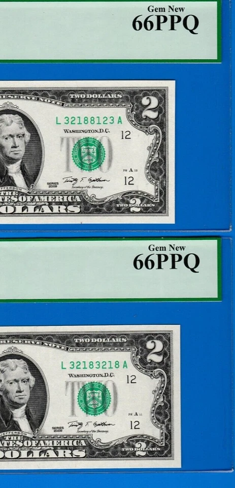 $2  Federal Reserve Note RADAR & REPEATER Serial # 3218-8123 & 3218-3218 PCGS 66 - Image 2 of 3