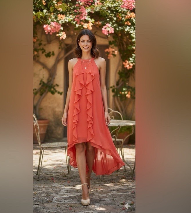 Jennifer Lopez High-Low Ruffle Halter Dress large Caribbean Coral  sleeveless | eBay