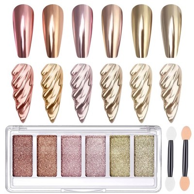 Gold Chrome Nail Powder, 6 Colors Metallic Mirror Effect Pink Champagne Nail ...